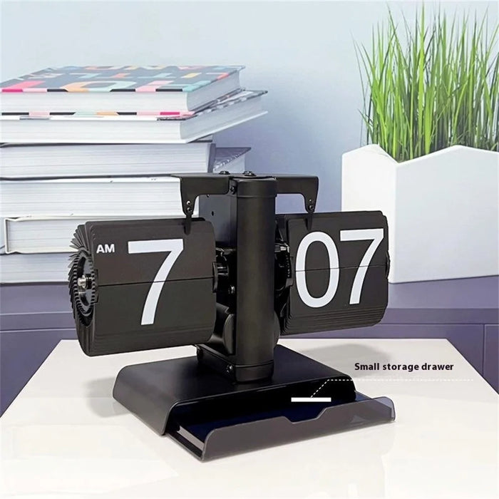 Vintage Auto Flip Clock with Drawer Mechanical Balance Flip Desk Clock for Living Room - Black - 4