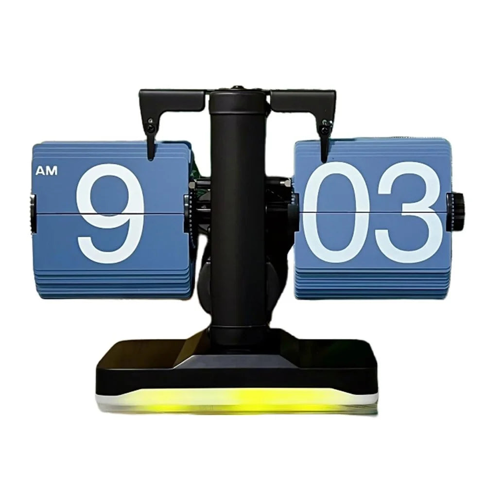 Automatic Flip Clock Retro Simple Home Table Clock Single Foot Stainless Steel Quartz Movement Flip Clock with Night Light - Black  /  Blue - 1