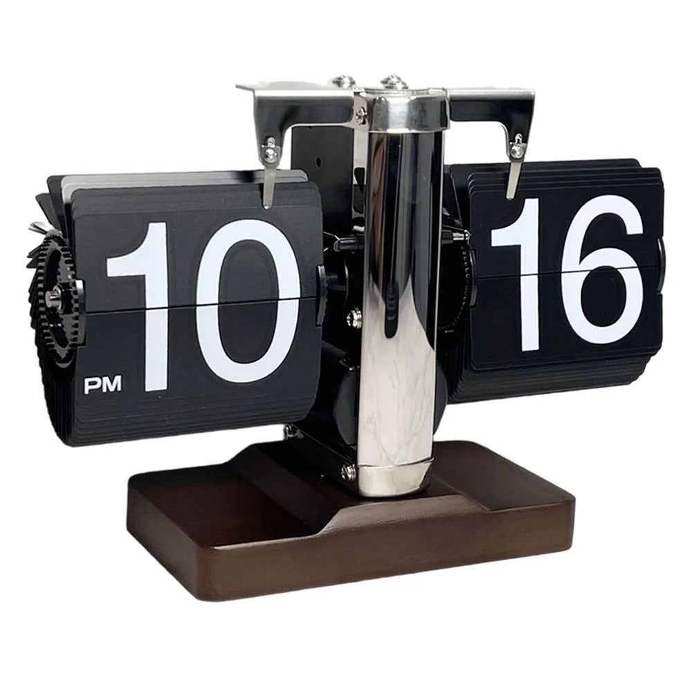 Auto Flip Clock Retro Table Clock Living Room Balance Mechanical Flip Clock with Walnut Square Base - Black - 1