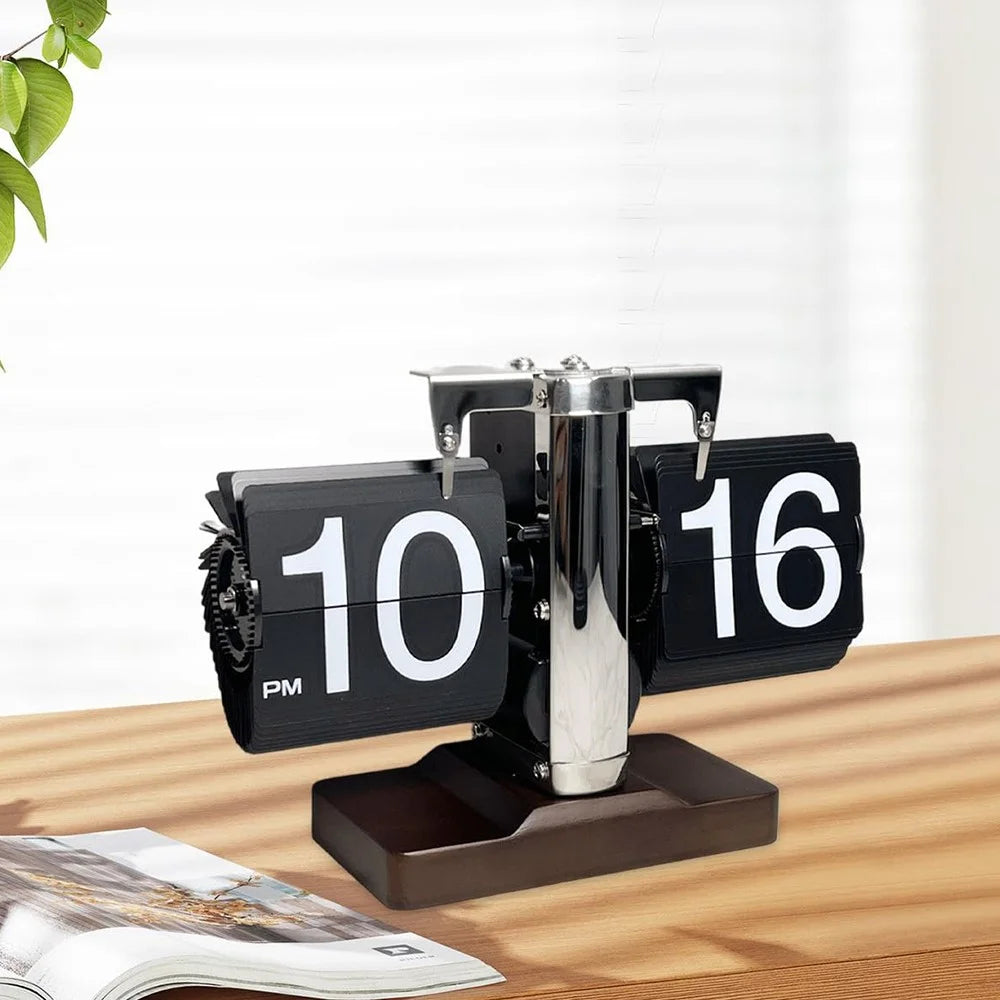 Auto Flip Clock Retro Table Clock Living Room Balance Mechanical Flip Clock with Walnut Square Base - Black - 2