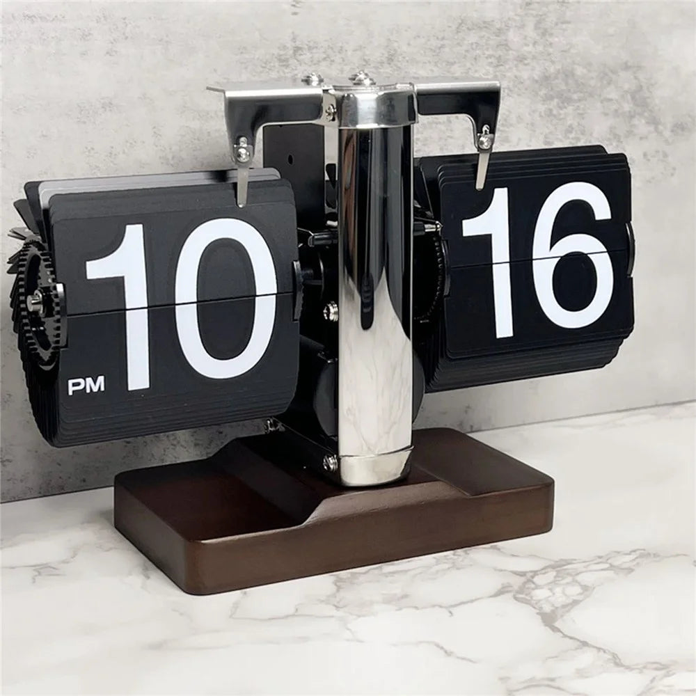 Auto Flip Clock Retro Table Clock Living Room Balance Mechanical Flip Clock with Walnut Square Base - Black - 3