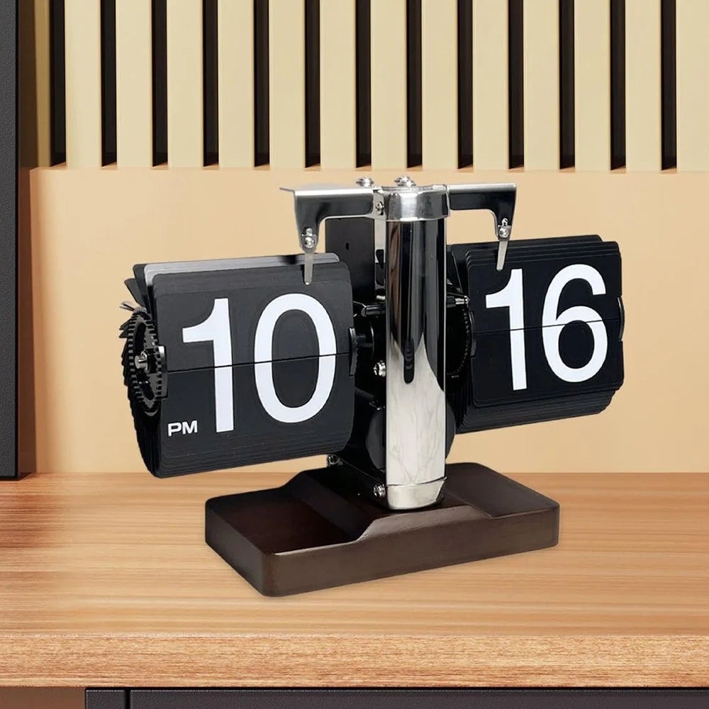 Auto Flip Clock Retro Table Clock Living Room Balance Mechanical Flip Clock with Walnut Square Base - Black - 4