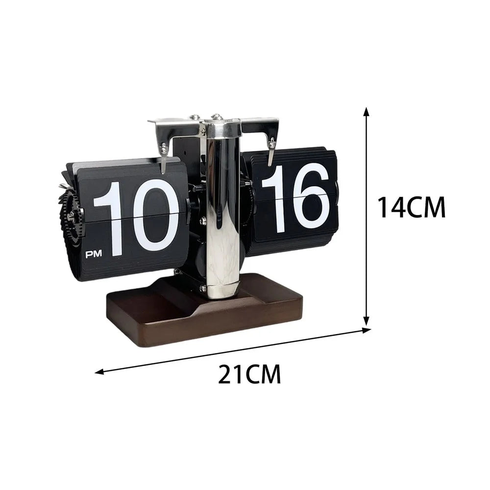Auto Flip Clock Retro Table Clock Living Room Balance Mechanical Flip Clock with Walnut Square Base - Black - 6