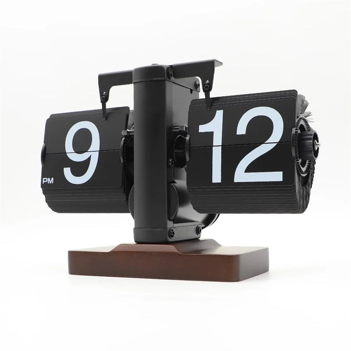 Automatic Flip Clock Retro Simple Home Table Clock Single Foot Stainless Steel Quartz Movement Flip Clock Walnut Square Base - Black - 3