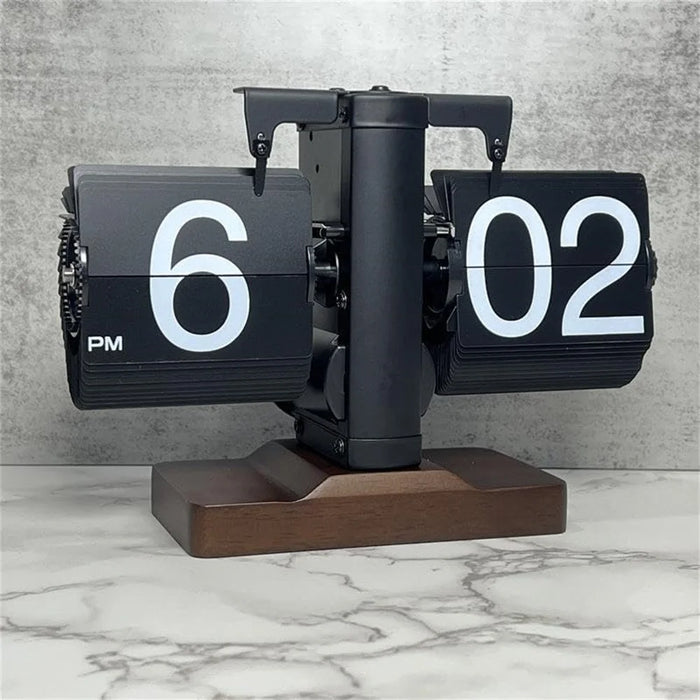 Automatic Flip Clock Retro Simple Home Table Clock Single Foot Stainless Steel Quartz Movement Flip Clock Walnut Square Base - Black - 4