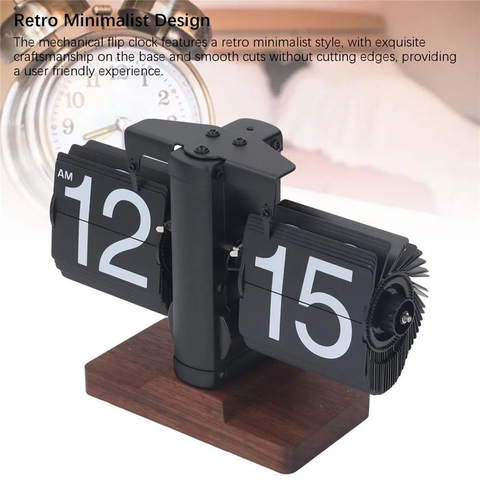 Automatic Flip Clock Retro Simple Home Table Clock Single Foot Stainless Steel Quartz Movement Flip Clock Walnut Square Base - Black - 5