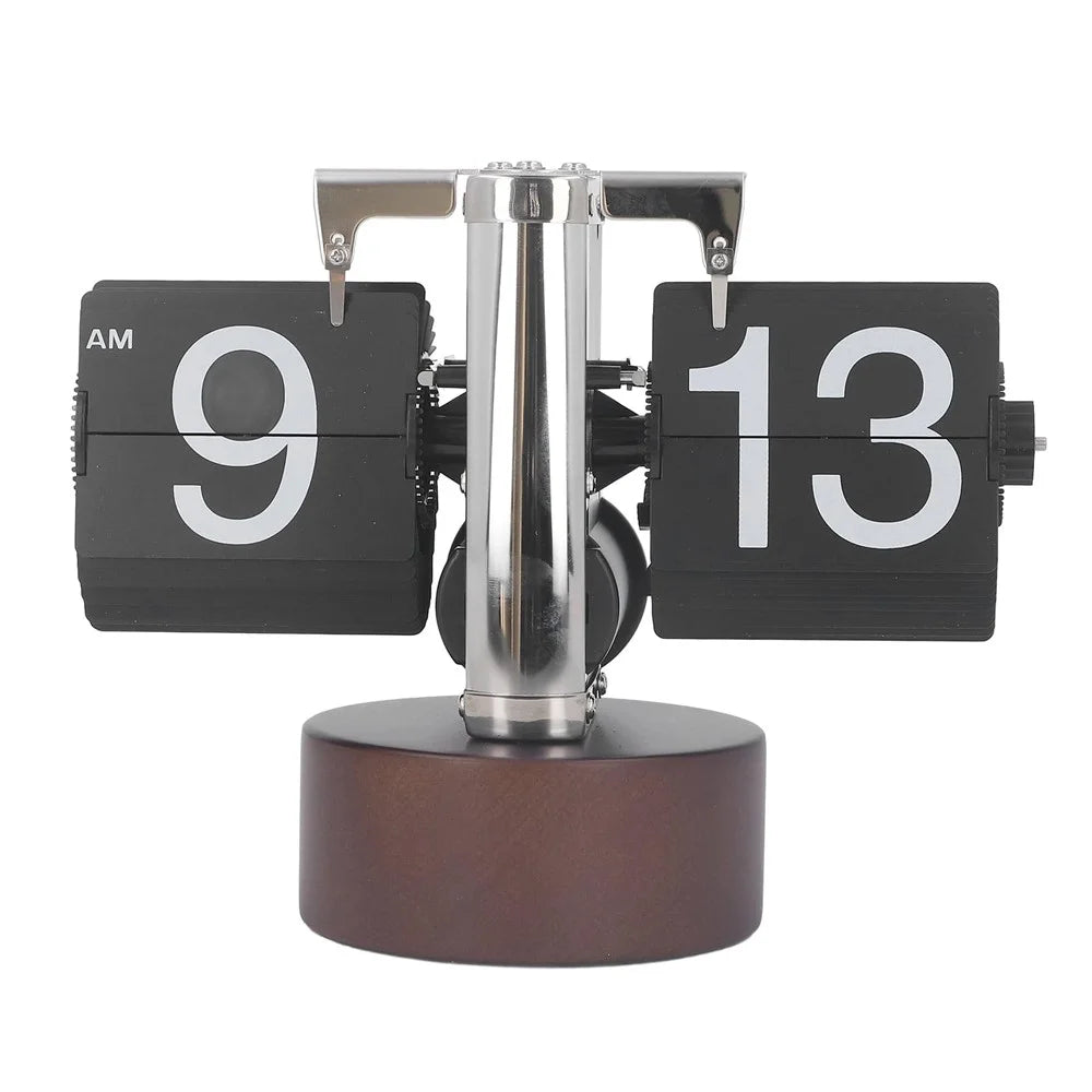 Automatic Flip Clock Retro Simple Home Table Clock Single Foot Stainless Steel Quartz Movement Flip Clock Walnut Round Base - Black - 1