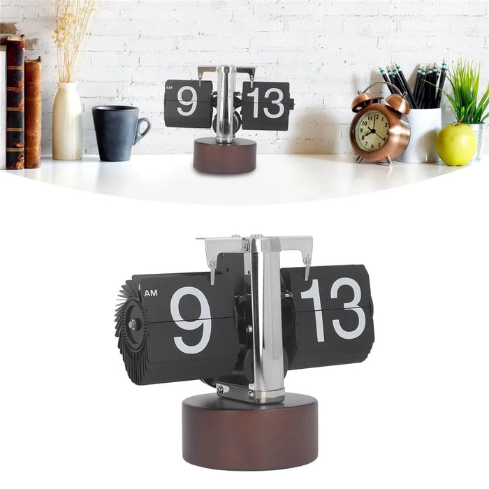 Automatic Flip Clock Retro Simple Home Table Clock Single Foot Stainless Steel Quartz Movement Flip Clock Walnut Round Base - Black - 2