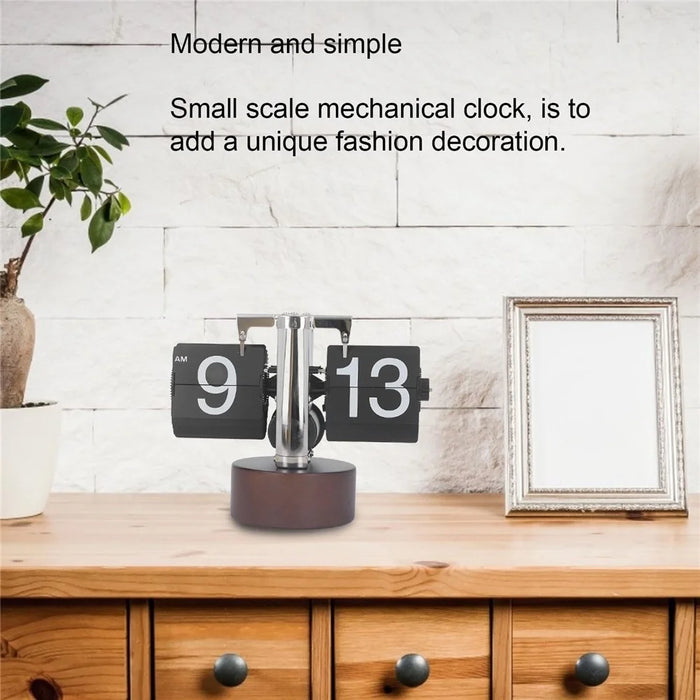 Automatic Flip Clock Retro Simple Home Table Clock Single Foot Stainless Steel Quartz Movement Flip Clock Walnut Round Base - Black - 3