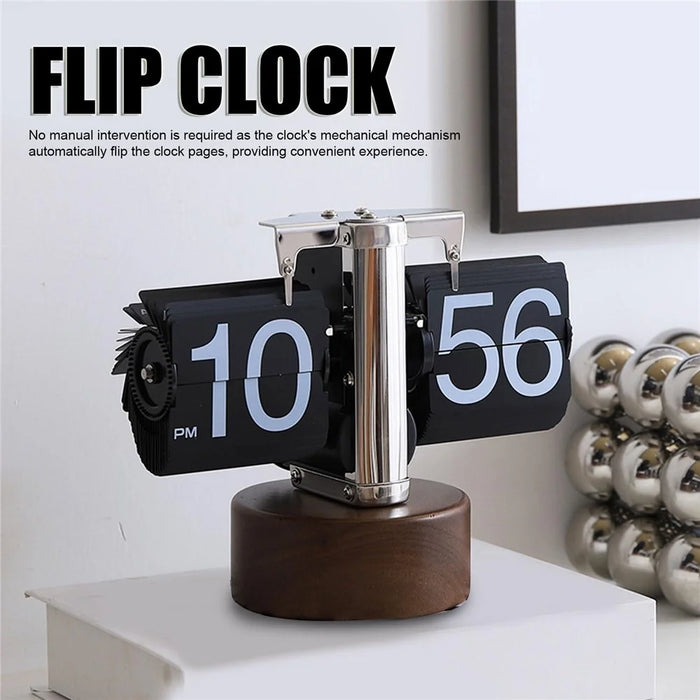 Automatic Flip Clock Retro Simple Home Table Clock Single Foot Stainless Steel Quartz Movement Flip Clock Walnut Round Base - Black - 4