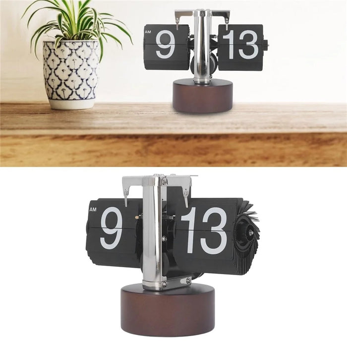 Automatic Flip Clock Retro Simple Home Table Clock Single Foot Stainless Steel Quartz Movement Flip Clock Walnut Round Base - Black - 5