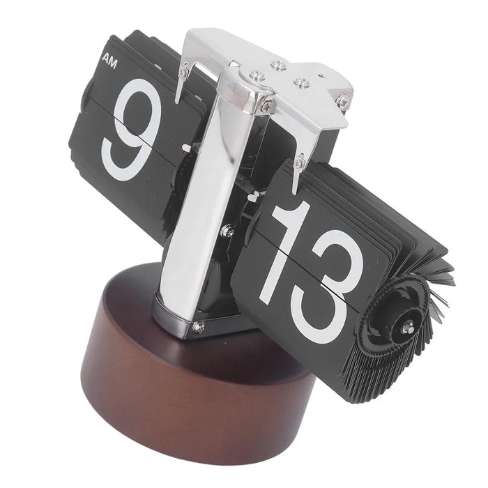 Automatic Flip Clock Retro Simple Home Table Clock Single Foot Stainless Steel Quartz Movement Flip Clock Walnut Round Base - Black - 7
