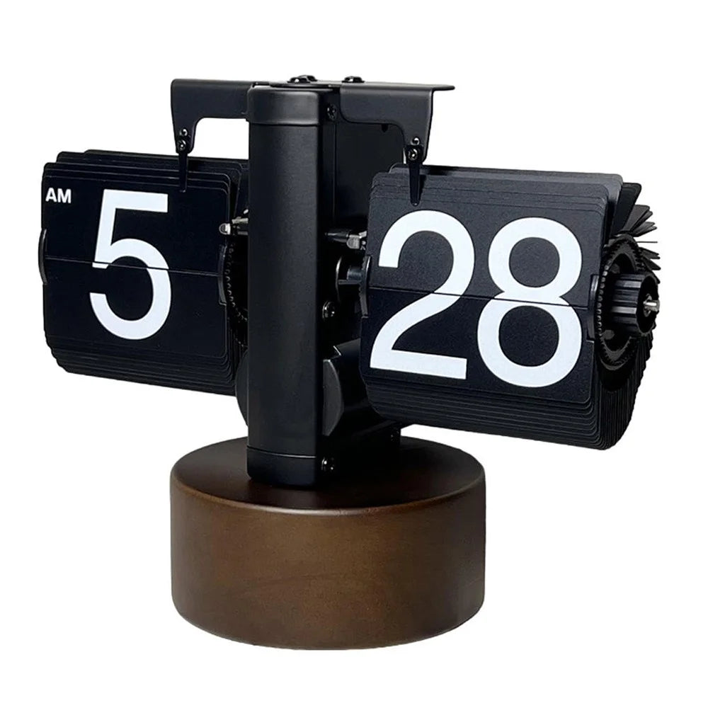 Retro Auto Flip Clock with Walnut Round Base for Home Living Balance Mechanical Desk Flip Clock - Black - 1