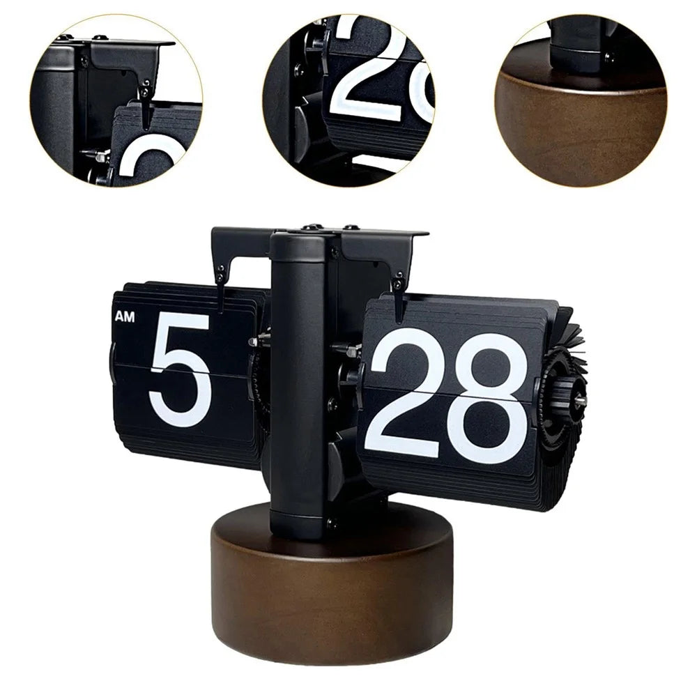 Retro Auto Flip Clock with Walnut Round Base for Home Living Balance Mechanical Desk Flip Clock - Black - 2