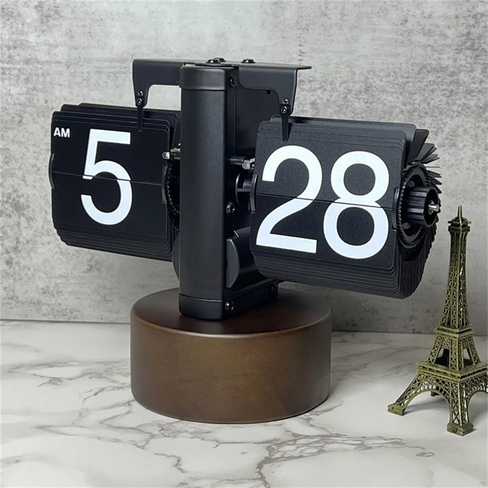 Retro Auto Flip Clock with Walnut Round Base for Home Living Balance Mechanical Desk Flip Clock - Black - 3