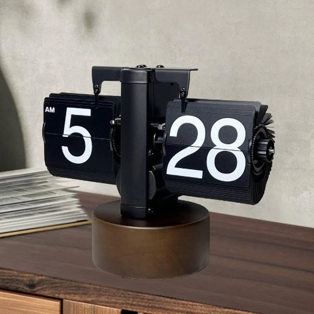 Retro Auto Flip Clock with Walnut Round Base for Home Living Balance Mechanical Desk Flip Clock - Black - 4