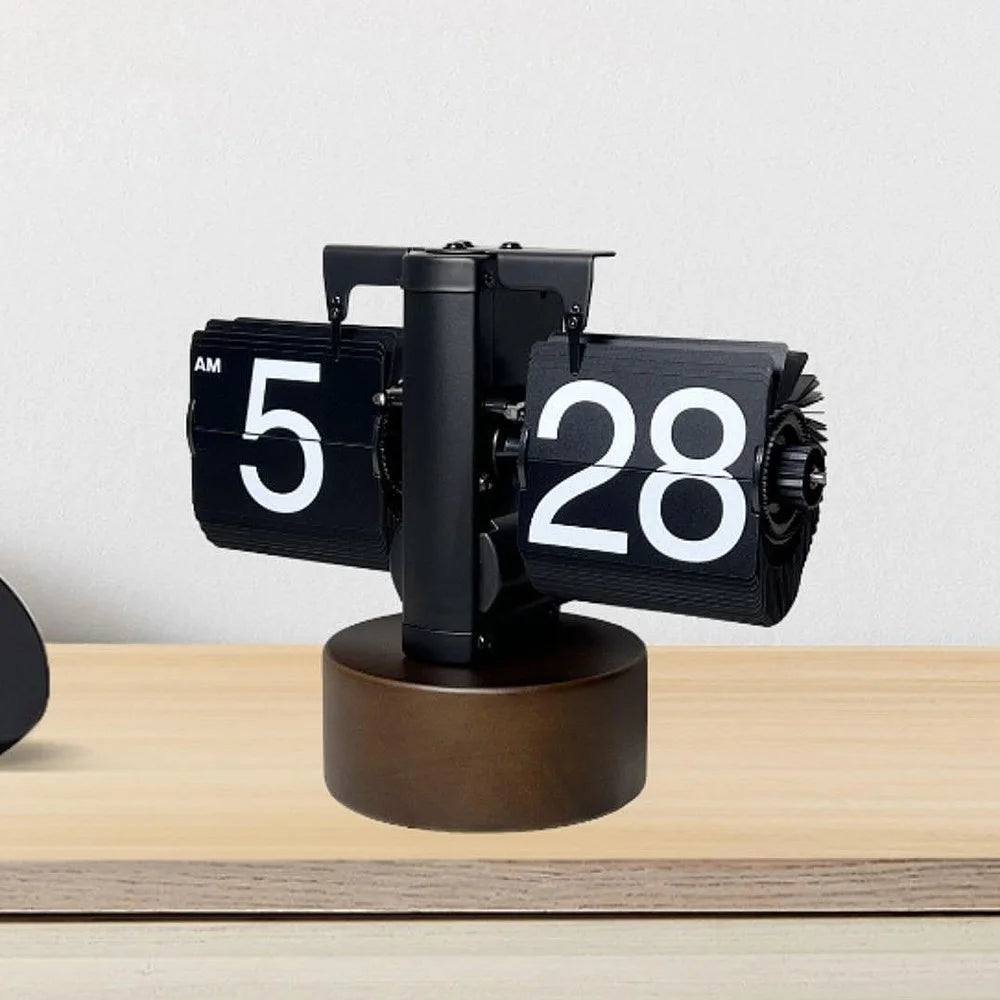 Retro Auto Flip Clock with Walnut Round Base for Home Living Balance Mechanical Desk Flip Clock - Black - 5