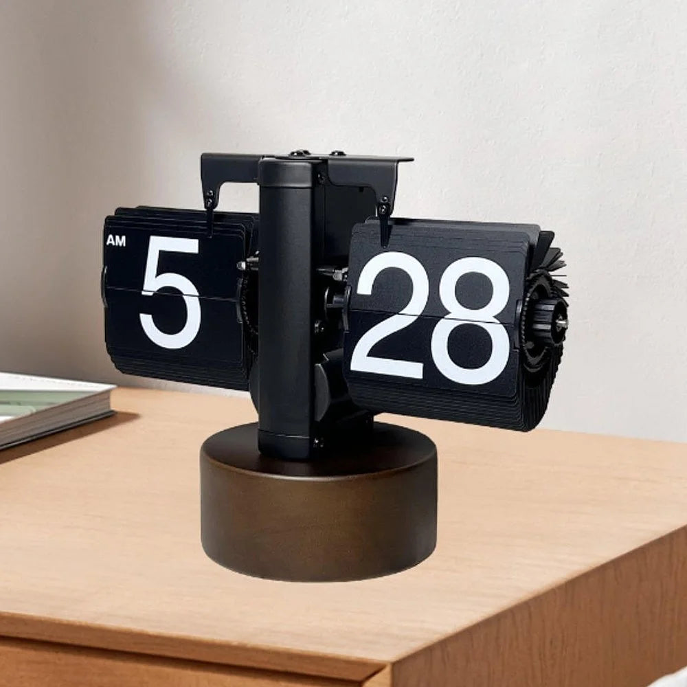 Retro Auto Flip Clock with Walnut Round Base for Home Living Balance Mechanical Desk Flip Clock - Black - 6