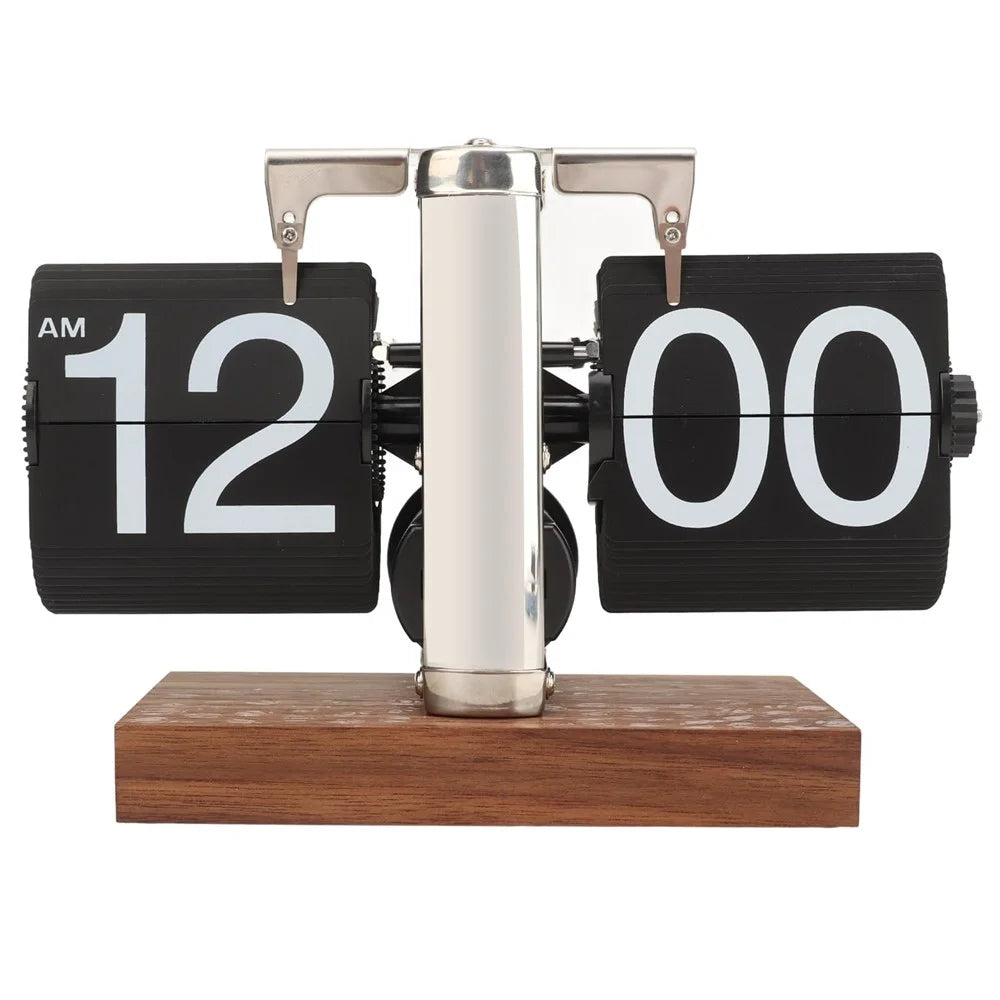 Automatic Flip Clock Retro Simple Desk Clock Single Foot Stainless Steel Quartz Movement Flip Clock Square Walnut Base - 12-Hour Style - 1