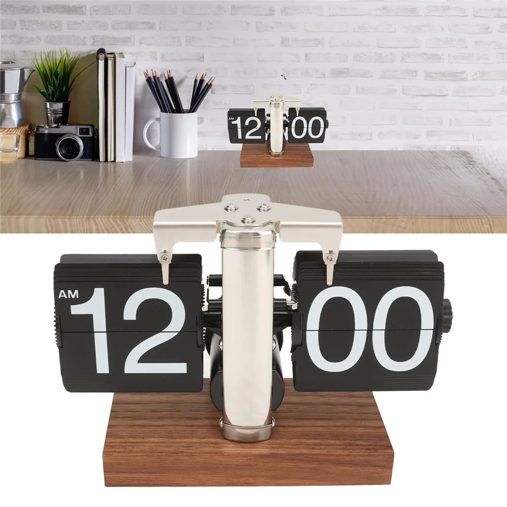 Automatic Flip Clock Retro Simple Desk Clock Single Foot Stainless Steel Quartz Movement Flip Clock Square Walnut Base - 12-Hour Style - 3