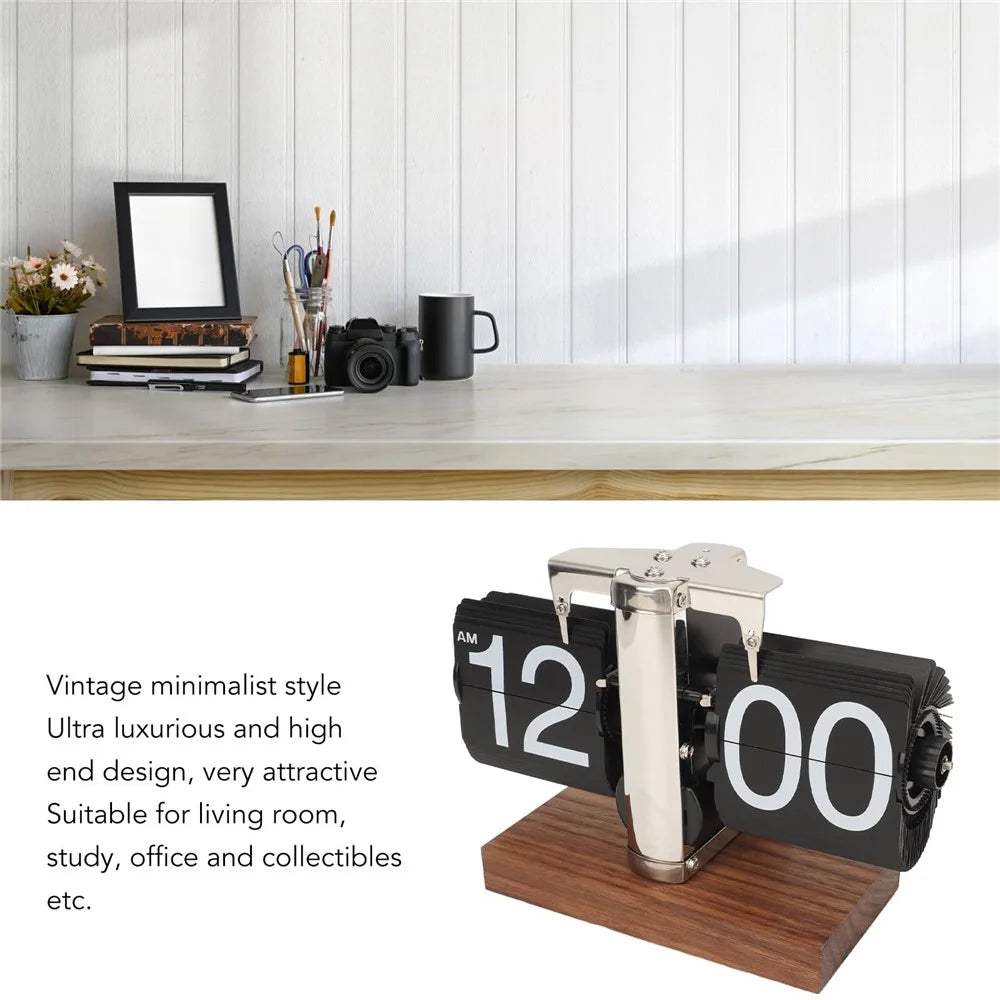 Automatic Flip Clock Retro Simple Desk Clock Single Foot Stainless Steel Quartz Movement Flip Clock Square Walnut Base - 12-Hour Style - 4