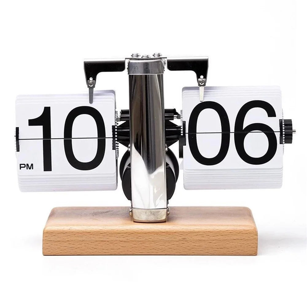 Retro Auto Flip Clock Mechanical Balance Desk Clock with Beech Wood Square Base for Home - White / 12H Format - 1