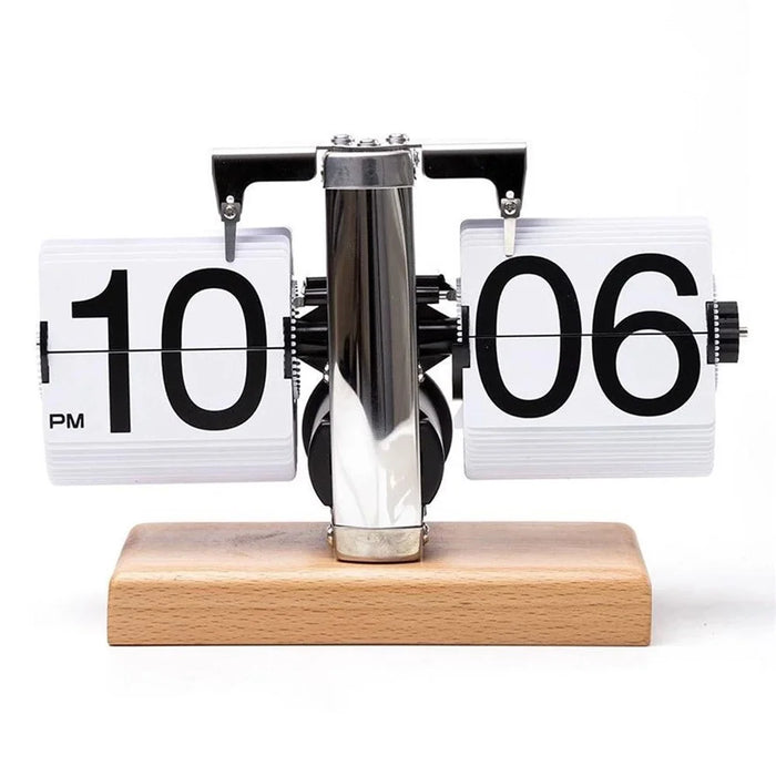 Retro Auto Flip Clock Mechanical Balance Desk Clock with Beech Wood Square Base for Home - White / 12H Format - 1