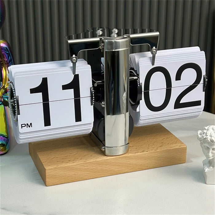 Retro Auto Flip Clock Mechanical Balance Desk Clock with Beech Wood Square Base for Home - White / 12H Format - 2