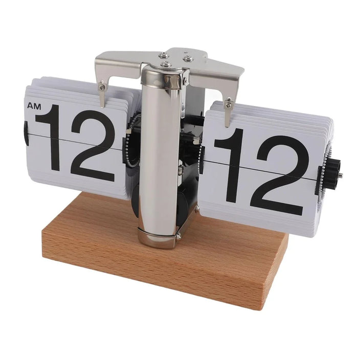 Retro Auto Flip Clock Mechanical Balance Desk Clock with Beech Wood Square Base for Home - White / 12H Format - 3