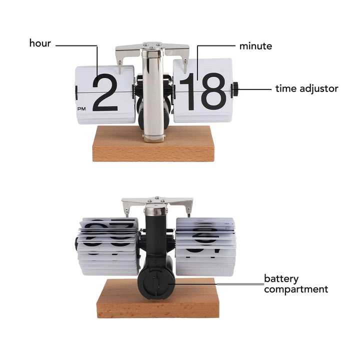 Retro Auto Flip Clock Mechanical Balance Desk Clock with Beech Wood Square Base for Home - White / 12H Format - 4