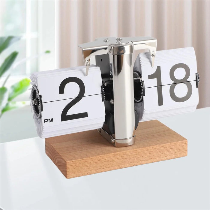 Retro Auto Flip Clock Mechanical Balance Desk Clock with Beech Wood Square Base for Home - White / 12H Format - 6