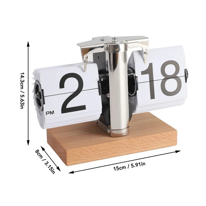 Retro Auto Flip Clock Mechanical Balance Desk Clock with Beech Wood Square Base for Home - White / 12H Format - 7