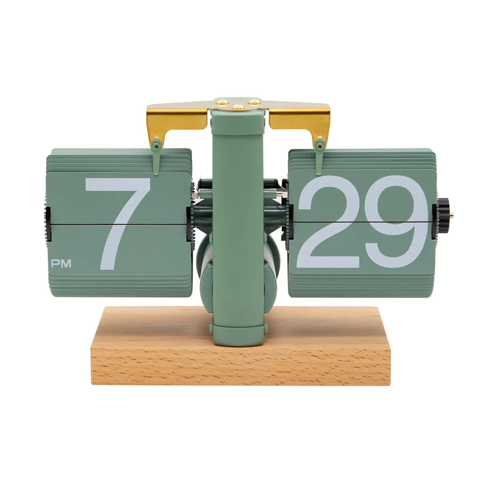 Automatic Flip Clock Retro Simple Home Table Clock Single Foot Stainless Steel Quartz Movement Flip Clock Square Flat Bottom Beech Wood - Green - 2