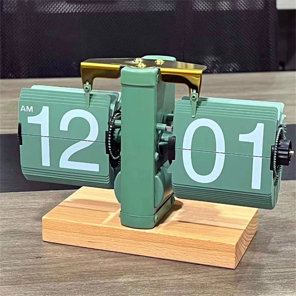 Automatic Flip Clock Retro Simple Home Table Clock Single Foot Stainless Steel Quartz Movement Flip Clock Square Flat Bottom Beech Wood - Green - 3