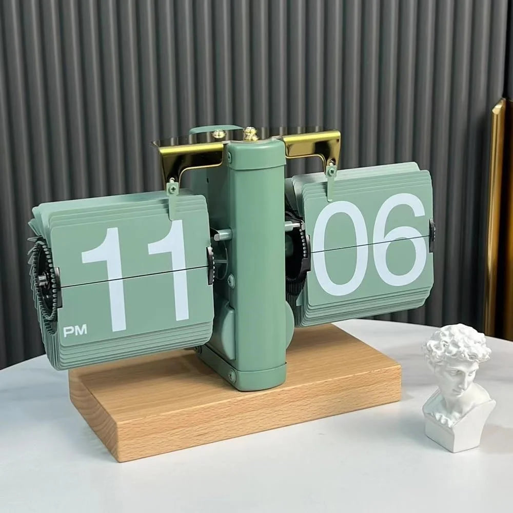 Automatic Flip Clock Retro Simple Home Table Clock Single Foot Stainless Steel Quartz Movement Flip Clock Square Flat Bottom Beech Wood - Green - 4