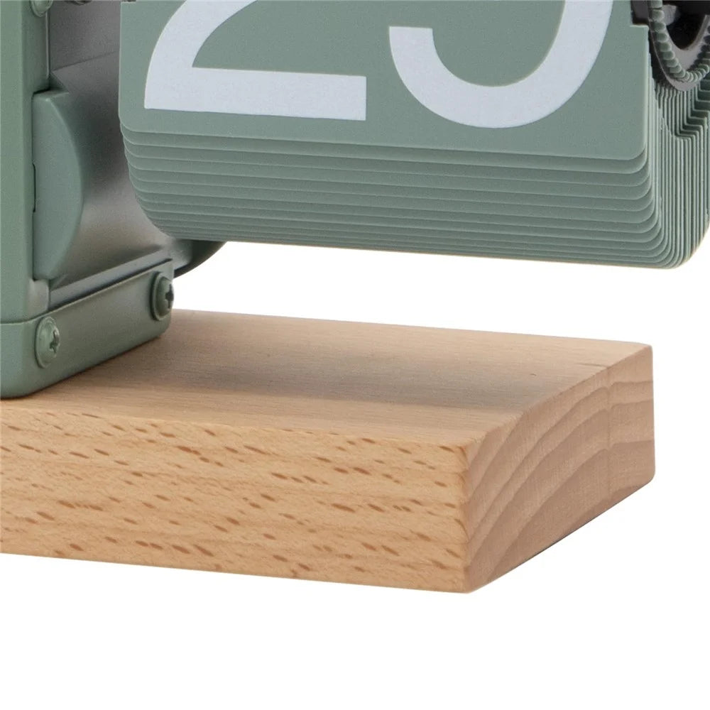 Automatic Flip Clock Retro Simple Home Table Clock Single Foot Stainless Steel Quartz Movement Flip Clock Square Flat Bottom Beech Wood - Green - 7