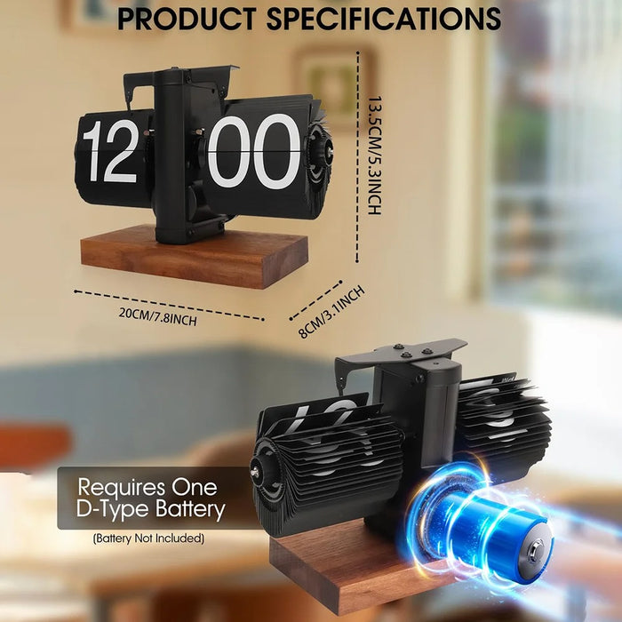Automatic Flip Clock Retro Home Table Clock Single Foot Stainless Steel Quartz Movement Flip Clock Square Wooden Base - Black 12-Hour - 7