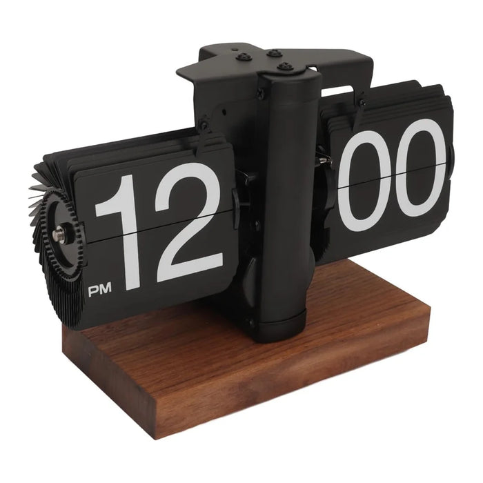 Automatic Flip Clock Retro Home Table Clock Single Foot Stainless Steel Quartz Movement Flip Clock Square Wooden Base - Black 12-Hour - 1