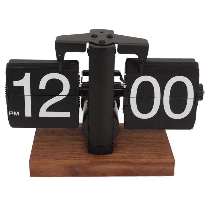 Automatic Flip Clock Retro Home Table Clock Single Foot Stainless Steel Quartz Movement Flip Clock Square Wooden Base - Black 12-Hour - 2