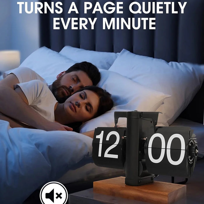 Automatic Flip Clock Retro Home Table Clock Single Foot Stainless Steel Quartz Movement Flip Clock Square Wooden Base - Black 12-Hour - 3