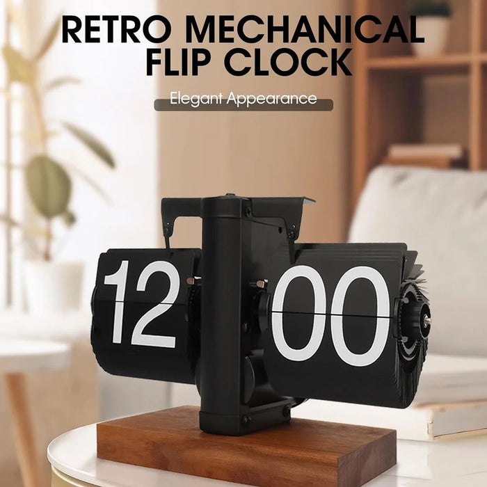Automatic Flip Clock Retro Home Table Clock Single Foot Stainless Steel Quartz Movement Flip Clock Square Wooden Base - Black 12-Hour - 4