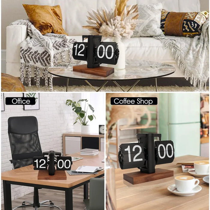 Automatic Flip Clock Retro Home Table Clock Single Foot Stainless Steel Quartz Movement Flip Clock Square Wooden Base - Black 12-Hour - 5