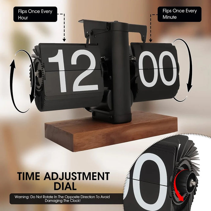Automatic Flip Clock Retro Home Table Clock Single Foot Stainless Steel Quartz Movement Flip Clock Square Wooden Base - Black 12-Hour - 6