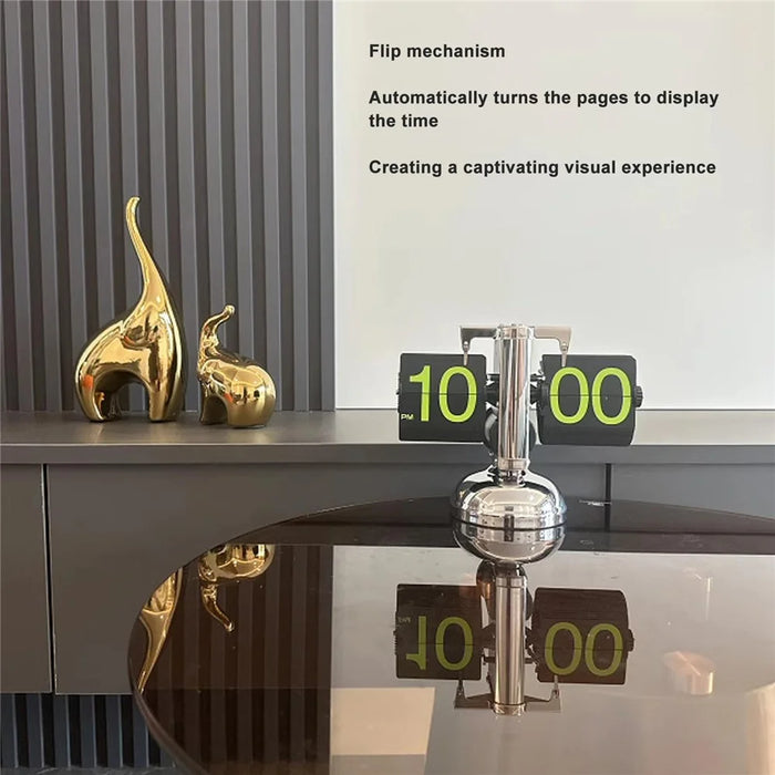 Stainless Steel Green Numbers Automatic Flip Page Clock Retro Balance Page Turning Table Clock - 4