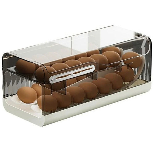 Egg Storage Container Fridge Organizer Auto Rolling Tray Kitchen Egg Holder with Freshness Scale (BPA Free, No FDA) - Transparent Grey - 1