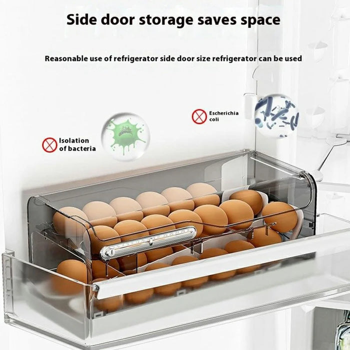 Egg Storage Container Fridge Organizer Auto Rolling Tray Kitchen Egg Holder with Freshness Scale (BPA Free, No FDA) - Transparent Grey - 2