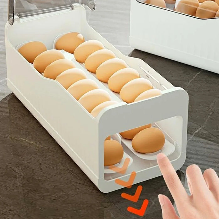 Egg Storage Container Fridge Organizer Auto Rolling Tray Kitchen Egg Holder with Freshness Scale (BPA Free, No FDA) - Transparent Grey - 3