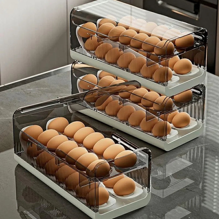 Egg Storage Container Fridge Organizer Auto Rolling Tray Kitchen Egg Holder with Freshness Scale (BPA Free, No FDA) - Transparent Grey - 5