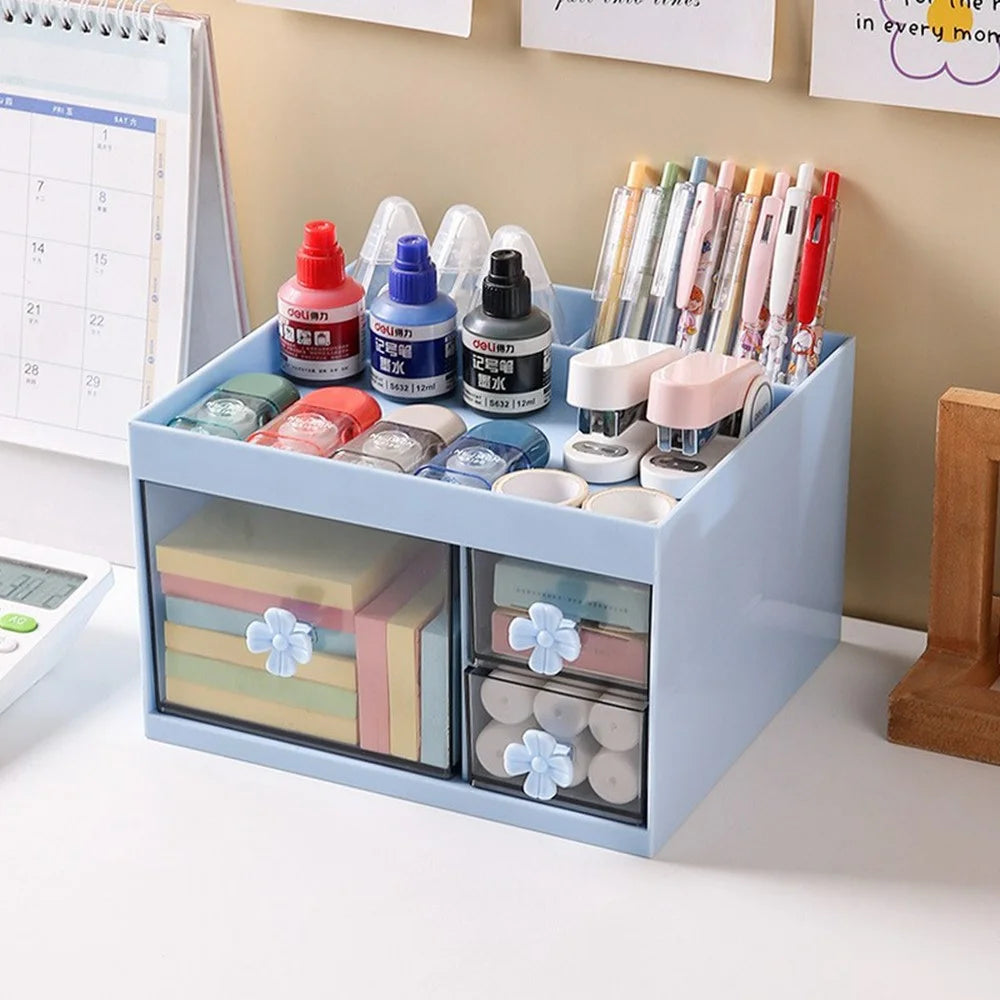 Transparent Drawer Desktop Organizer Cosmetics Stationery Makeup Brushes Storage Box - Blue - 1