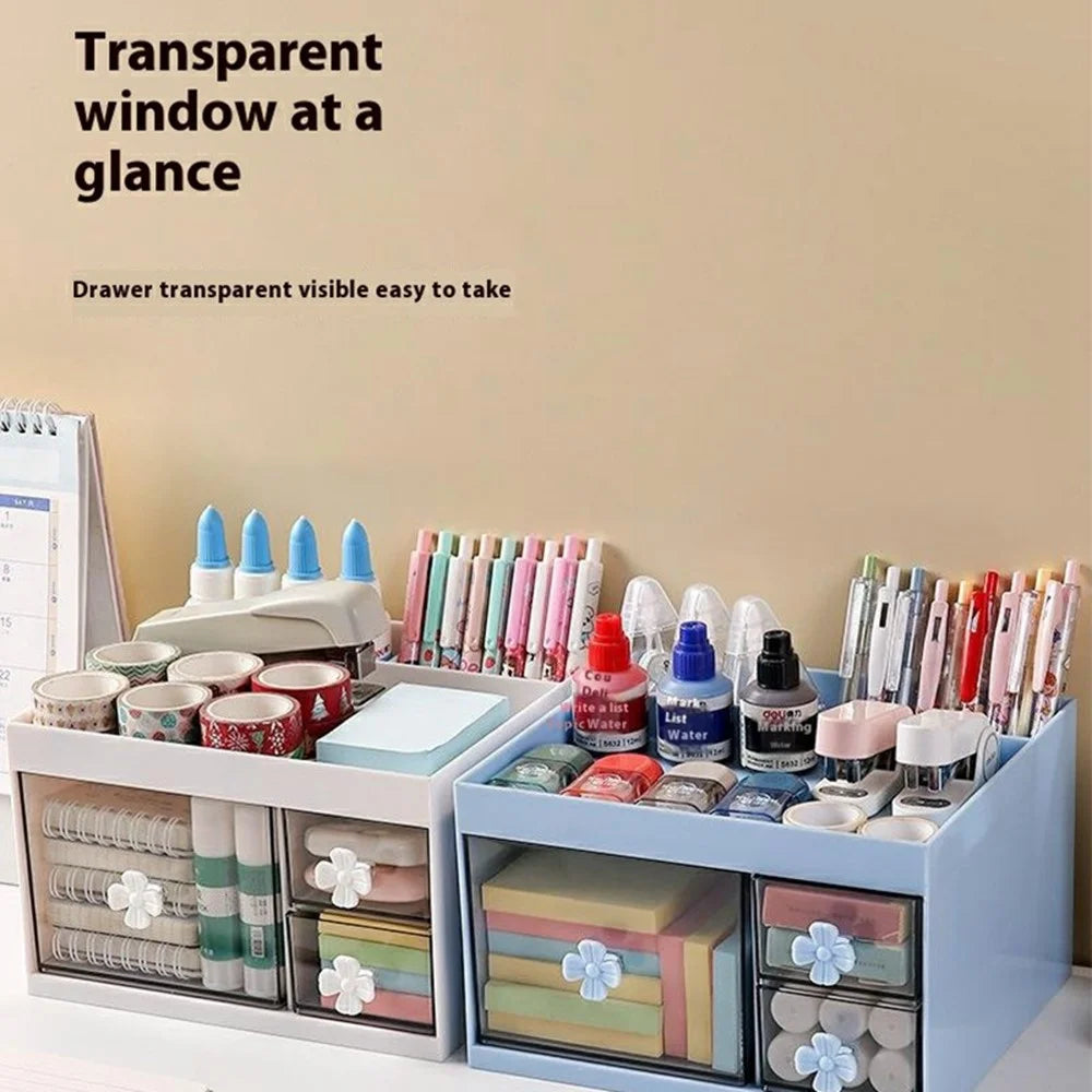 Transparent Drawer Desktop Organizer Cosmetics Stationery Makeup Brushes Storage Box - Blue - 2